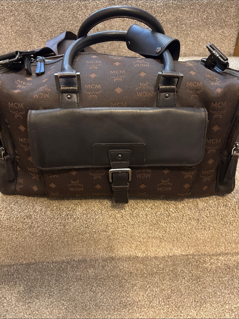 MCM Brown Monogram Canvas Duffel with Dark Brown Leather Trim